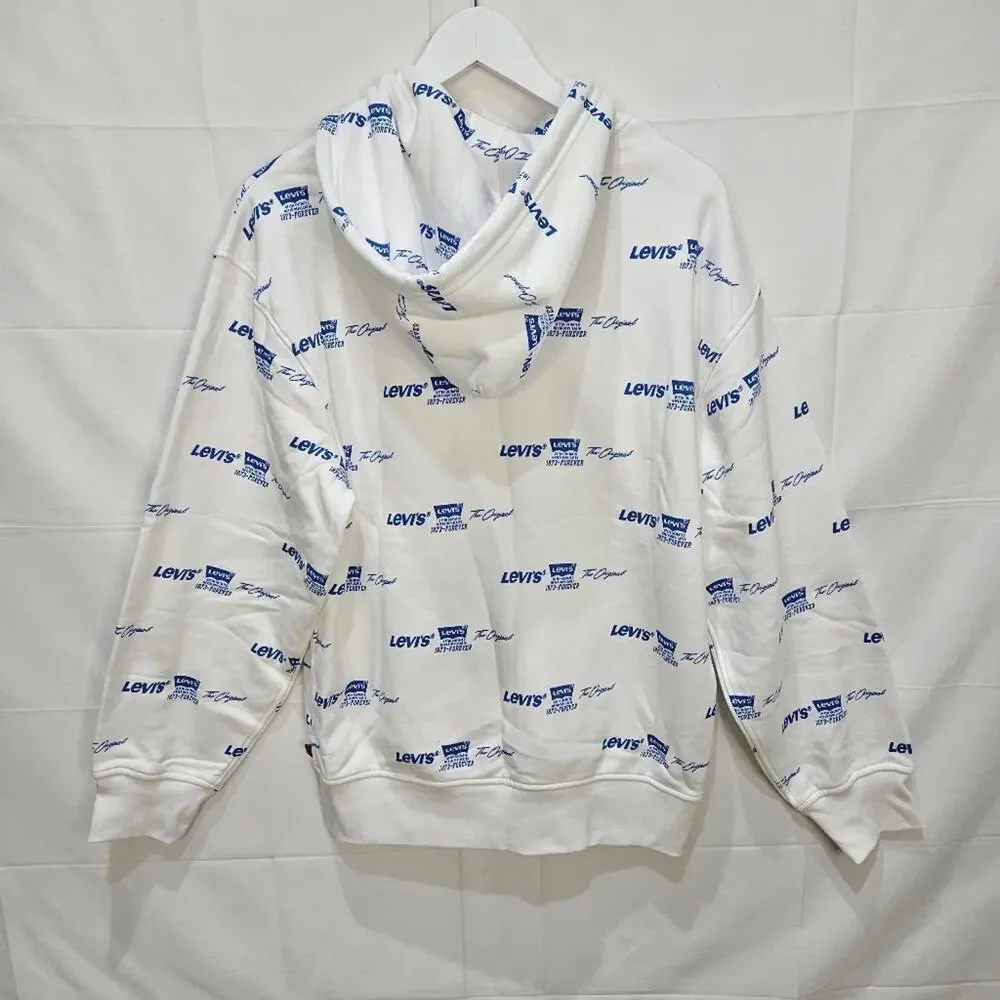 Levi's Men's Relaxed AOP White and Blue Logo Hoodie Full Zip Small
